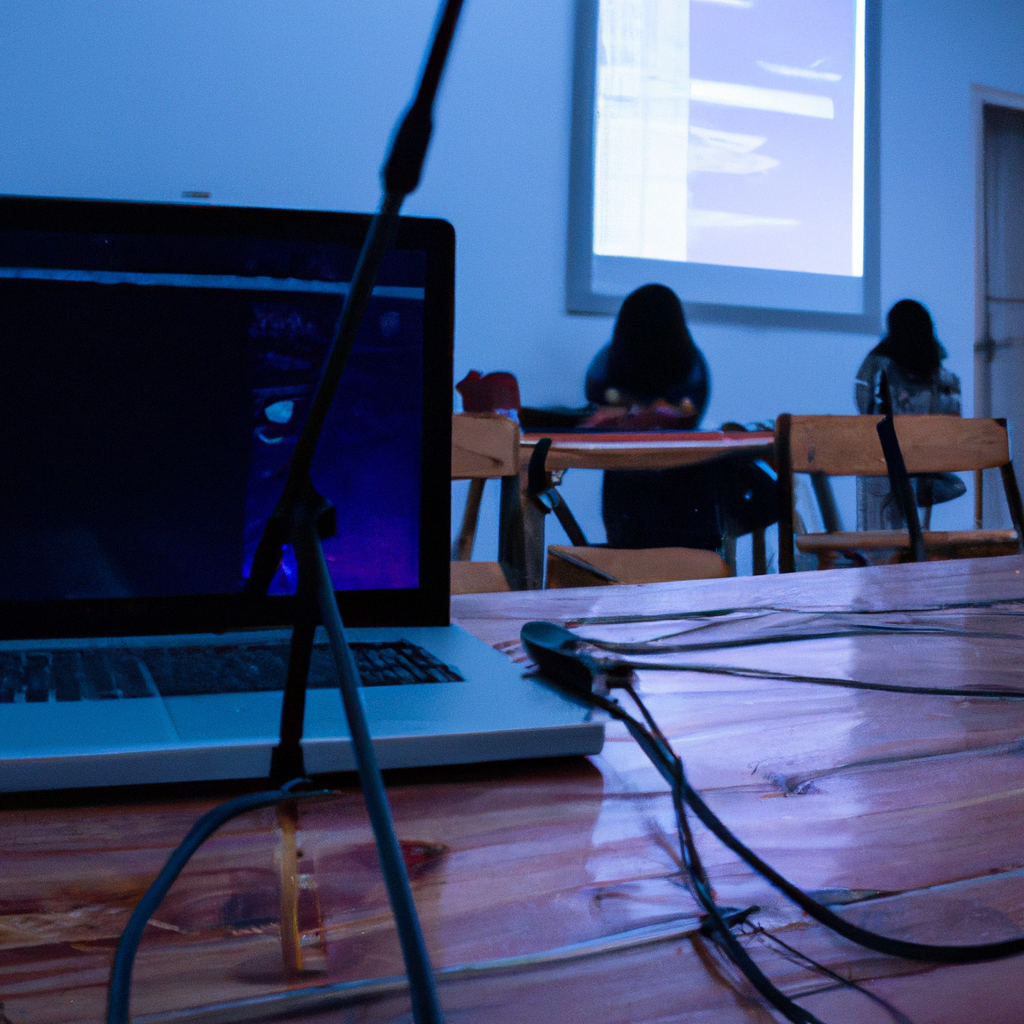 Docente guiando a estudiantes en taller de periodismo en Buenos Aires, con laptops y grabadoras, ambiente minimalista